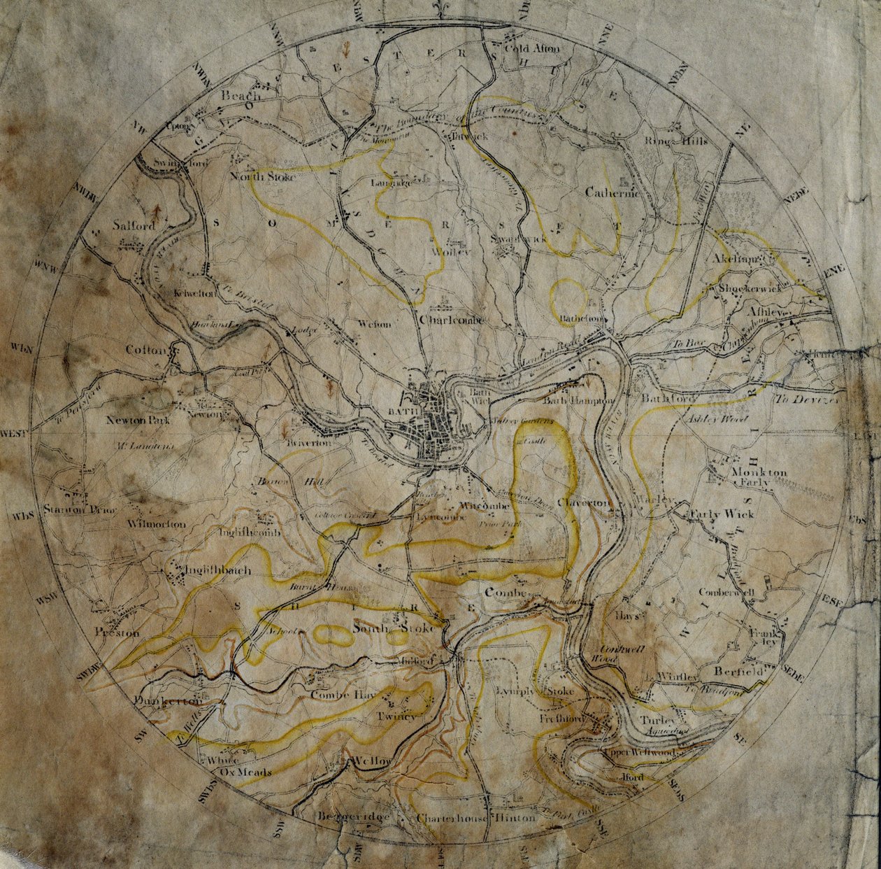 John Caryn kaivertama ja taiteilijan sitten käsin värjäämä geologinen kartta Bathin alueesta, n. 1799 tekijältä William Smith