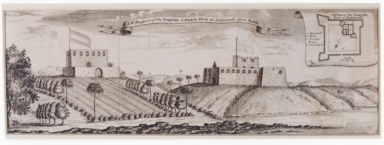 Englantilaisen ja hollantilaisen Sakkundin linnoituksen lounaisnäkymä, noin 1744. tekijältä William Smith