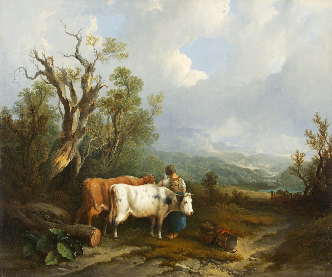 Maisema karjalla ja naisella, 1842 tekijältä William Snr. Shayer