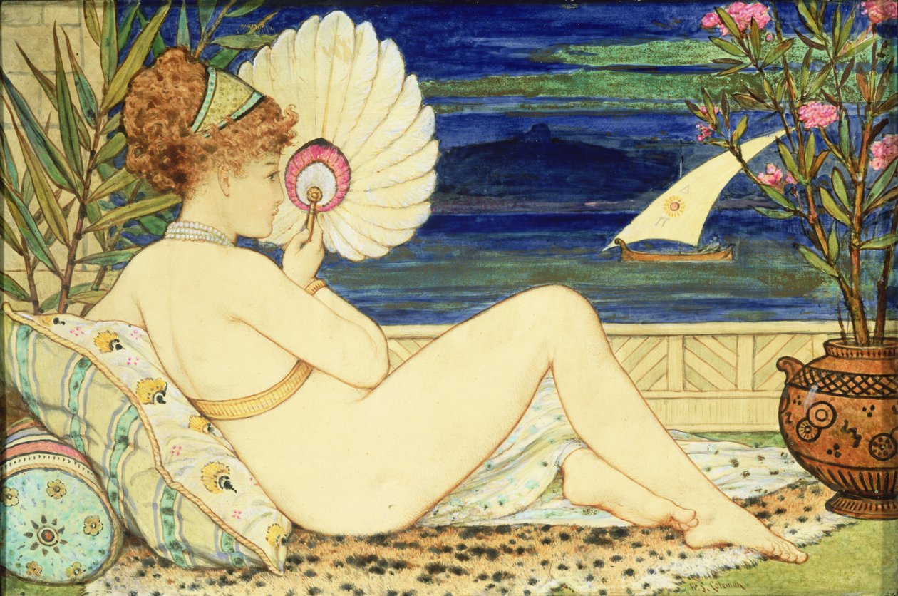 Nainen tuulettimella, Minton Art Pottery, n. 1872 (maalattu laatta) tekijältä William Stephen Coleman