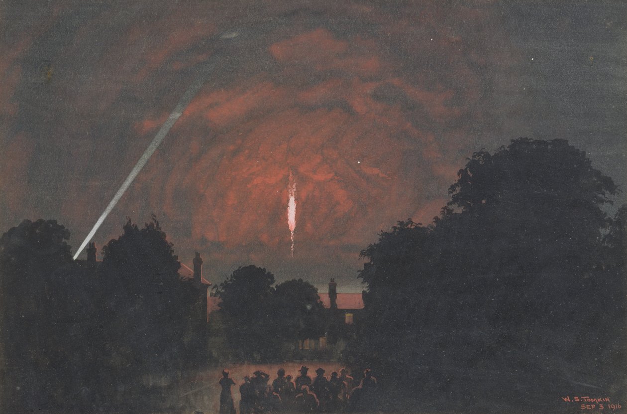 Cuffleyssä pudonnut Zeppelin, 1916 (wc & vartaloväri paperille) tekijältä William Stephen Tomkin