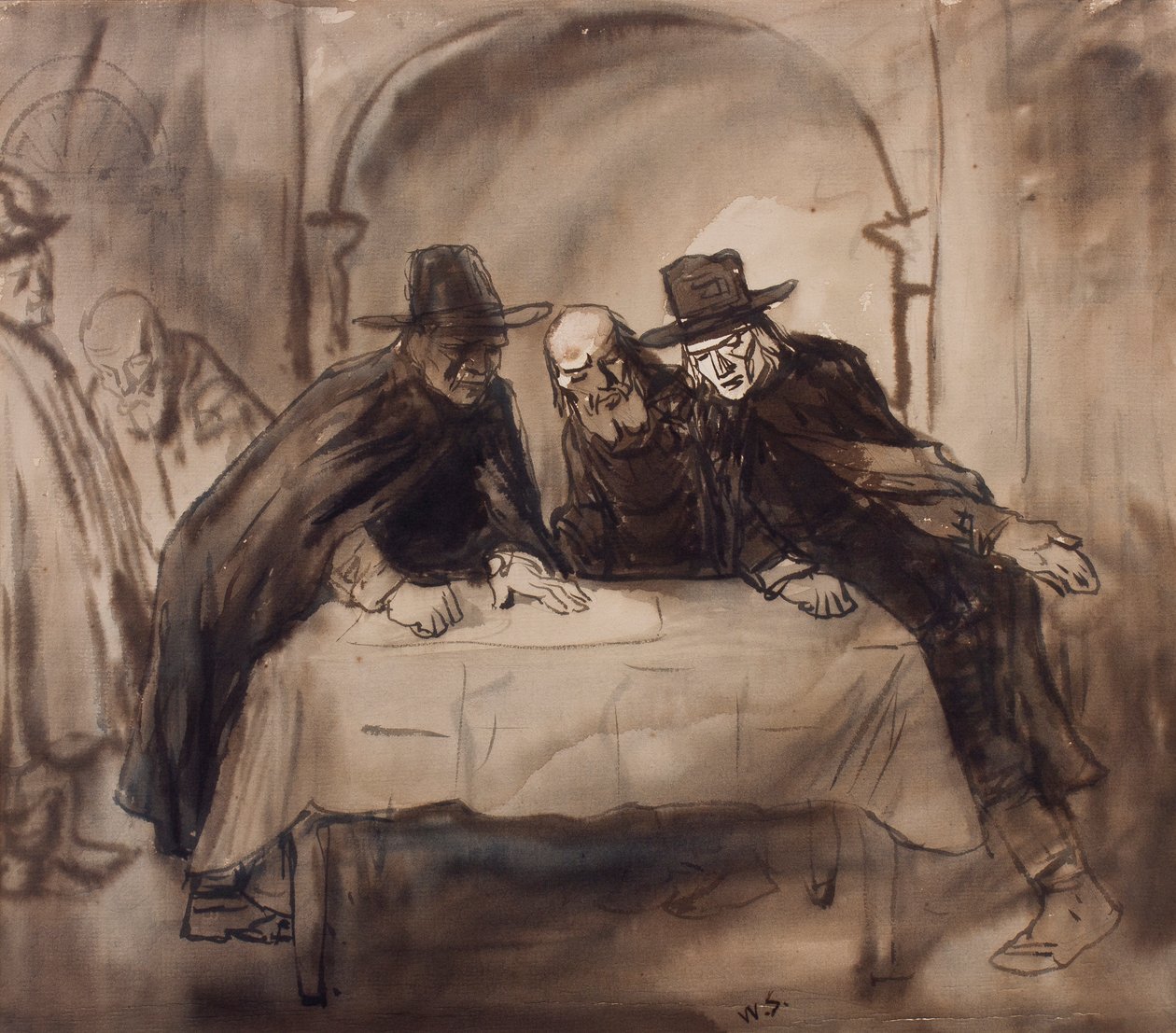Salaliitto, n. 1905 (kynä, sivellin ja muste paperille) tekijältä William Strang