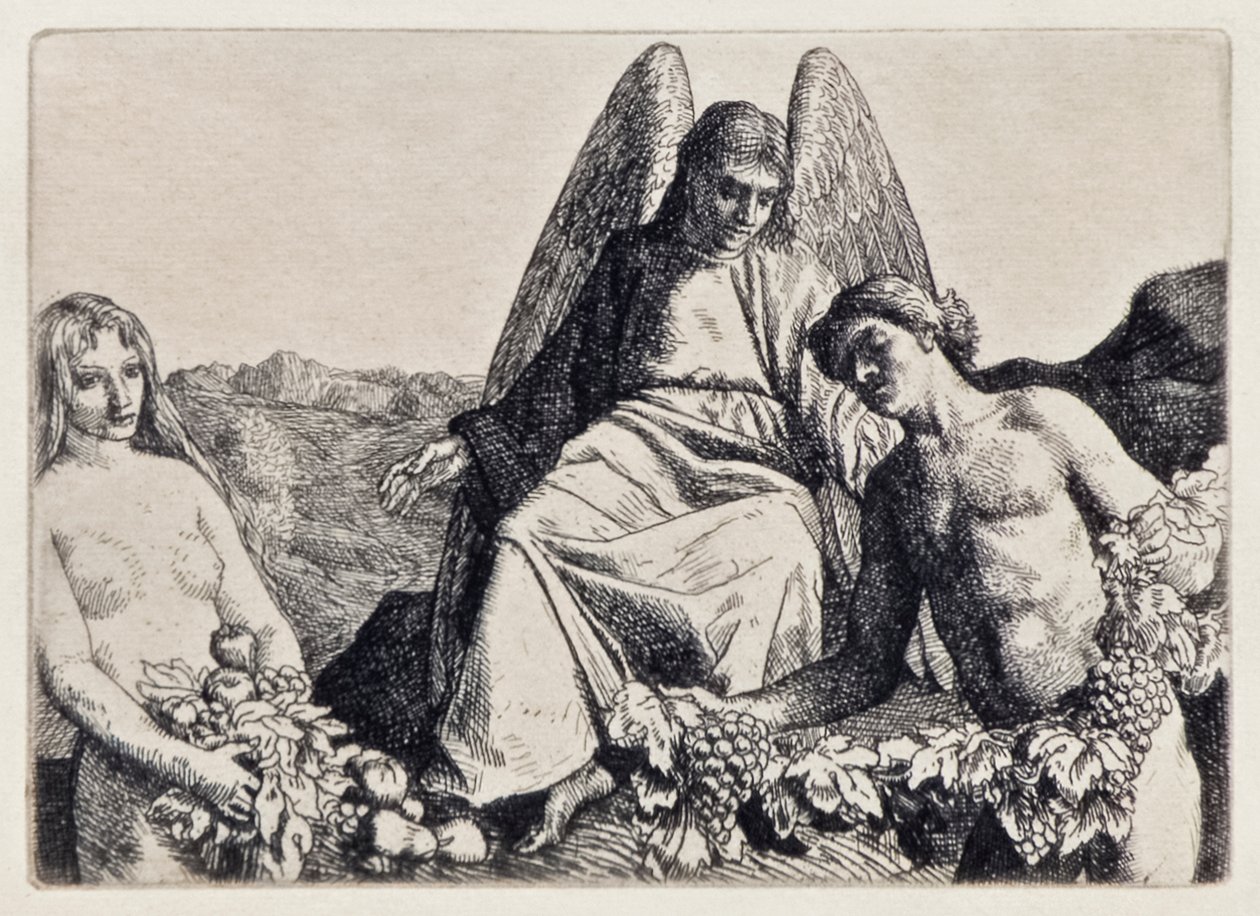 Adam ja Eve viihdyttävät John Miltonin (1608-1674) kadonneen paratiisin Rafaelia William Strangin (1859-1921) kaivertaman 12 kuvituksen sarjassa. tekijältä William Strang