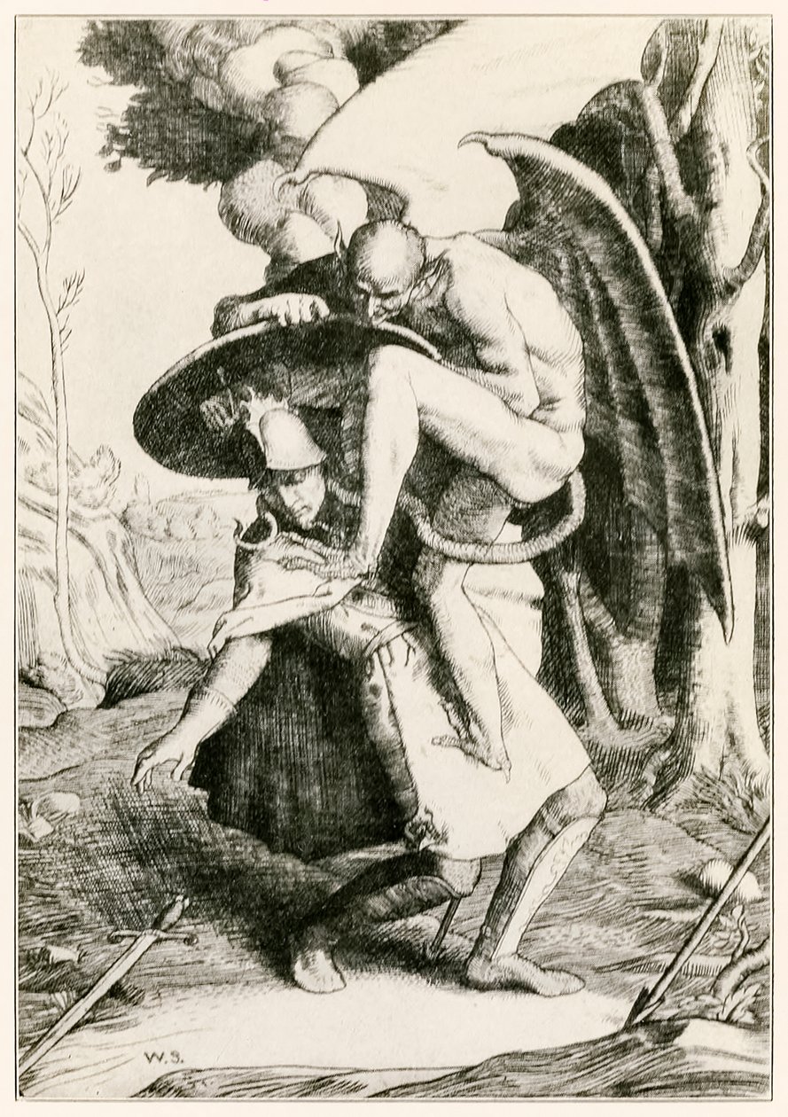 Christian taistelee Apollyonin elokuvasta The Pilgrims Progress From This World, To That What Is To Come, John Bunyan (1628-1688) kuvitus William Strang (1859-1921) Christian taistelee Apollyonin kanssa Va-alueella tekijältä William Strang