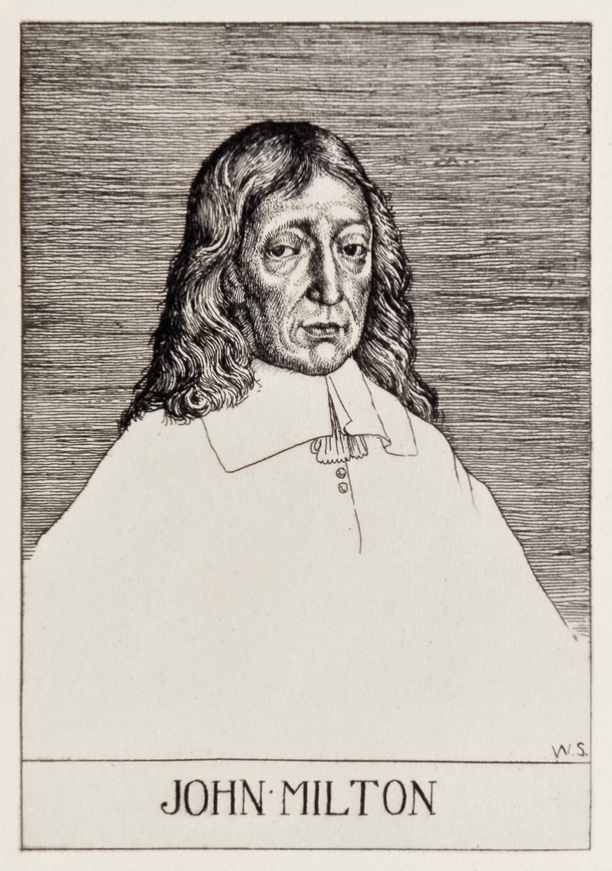 Etukappaleen muotokuva John Miltonista (1608-1674) Paradise Lostista William Strangin (1859-1921) kaivertamalla 12 kuvituksella. tekijältä William Strang