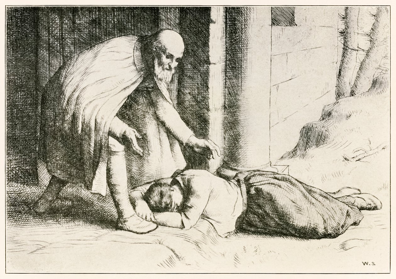 John Bunyanin (1628-1688) kuvitus William Strangilta (1859-1921) Portinvartija auttaa Mercytä, joka f tekijältä William Strang