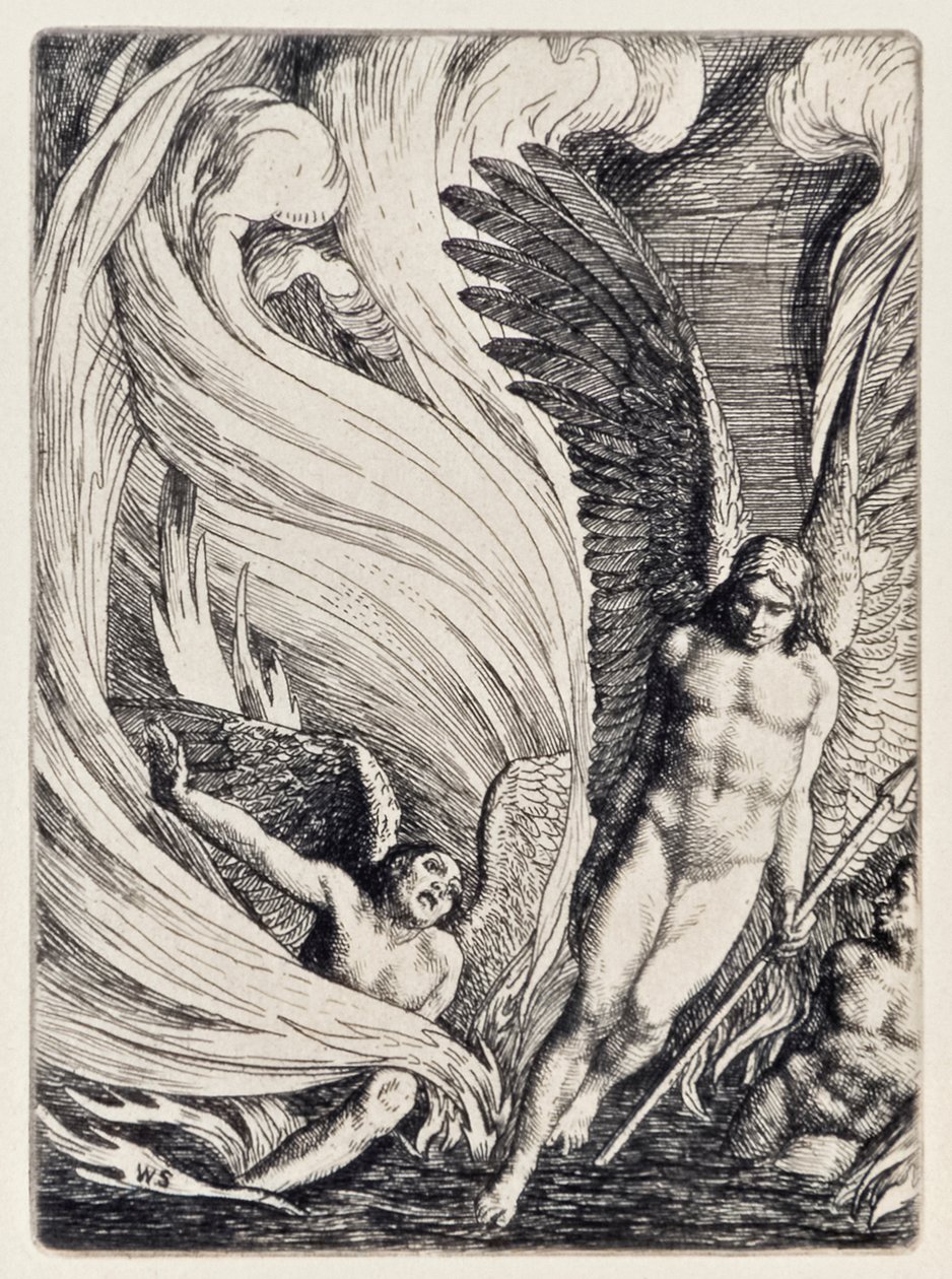 Saatana nousee palavasta järvestä kadotetusta paratiisista, John Milton (1608-1674) William Strangin (1859-1921) kaivertama 12 kuvituksen sarja tekijältä William Strang