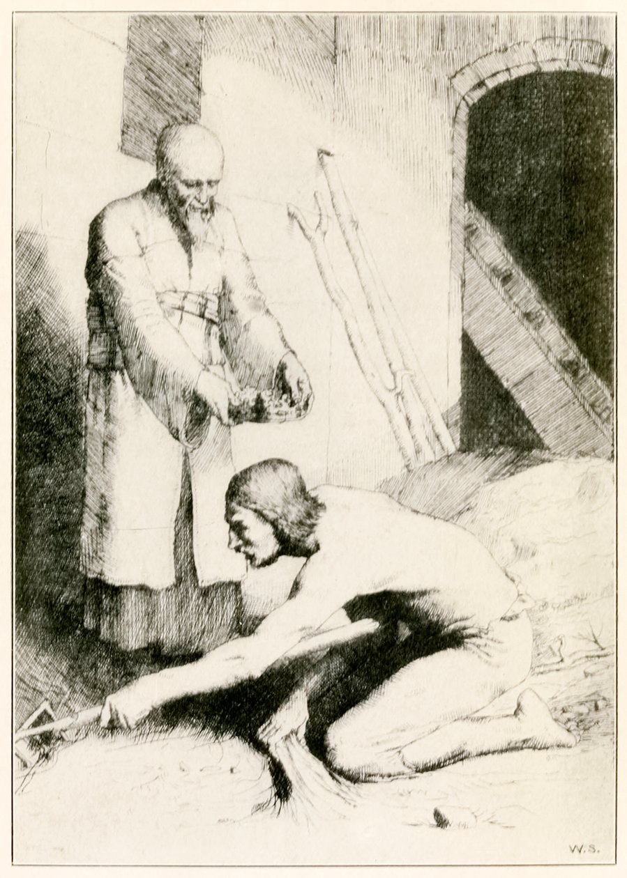The Pilgrims -elokuvan Mies muckrakella etenee tästä maailmasta tulevaan, John Bunyan (1628-1688) kuvitus William Strang (1859-1921) Tulkkien talossa mies c tekijältä William Strang