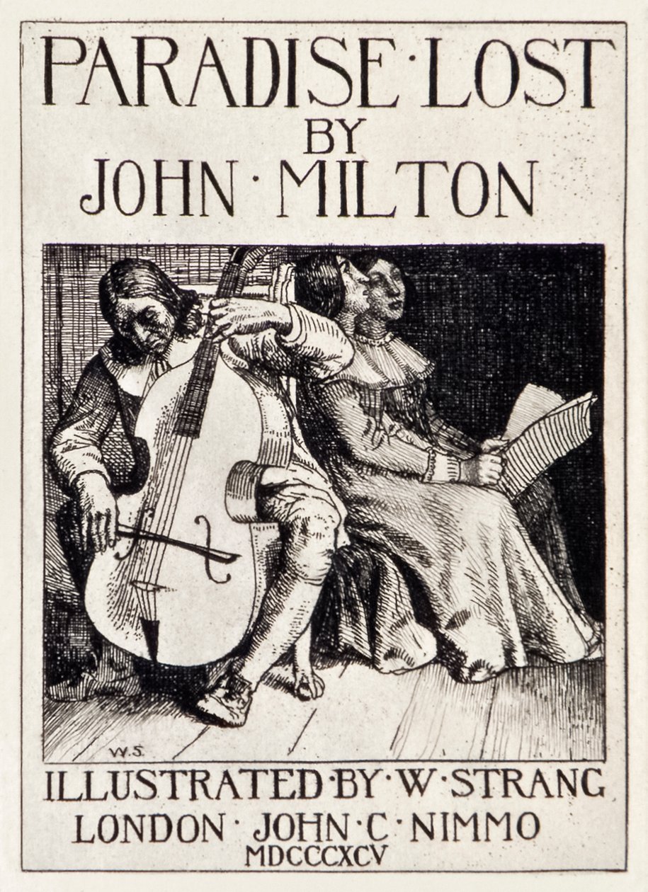 John Miltonin (1608-1674) kadonneen Paradise Lostin otsikkosivu 12 William Strangin (1859-1921) kaivertaman kuvituksen sarjassa, joissa Milton soittaa selloa tyttärilleen. tekijältä William Strang