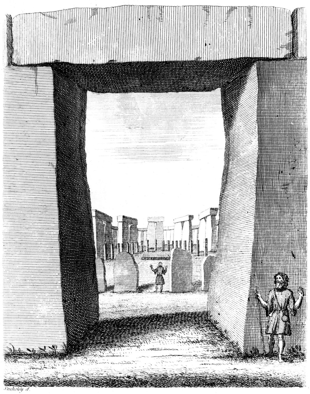 Näkymä Stonehengen trilithonin läpi, 1740 tekijältä William Stukeley