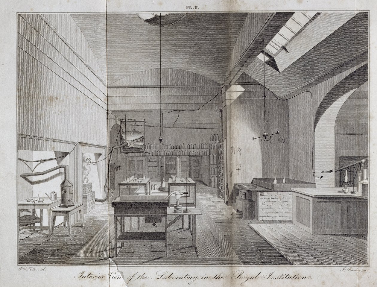 Kuninkaallisen laitoksen laboratorion sisäkuva, kaiverrettu James Basire (1796-1869) William Thomas Brandesista A Manual of Chemistry, julkaistu 1819, 1819 tekijältä William Tite