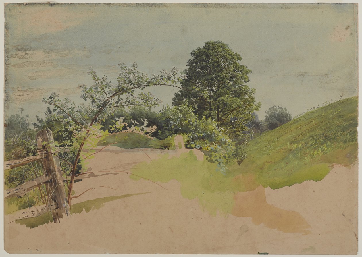 Maisema aidalla, 1870-1880 (läpinäkyvä ja läpinäkymätön wc grafiitin päällä kudottupaperilla) tekijältä William Trost Richards