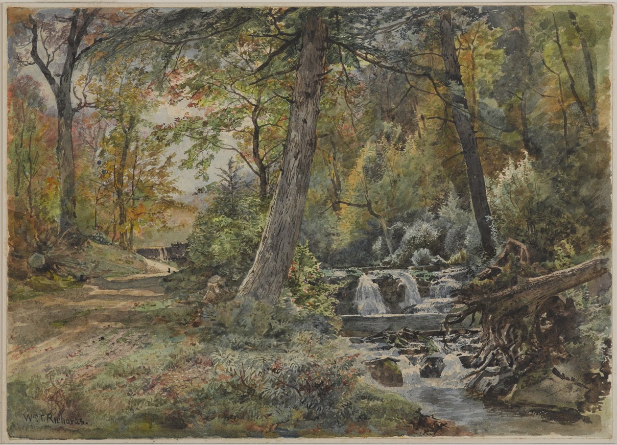 Landscape with Stream and Road, Chesterin piirikunta, n. 1886 (wc grafiitin päällä luonnonvalkoisella, kohtalaisen paksulla, kohtalaisen teksturoidulla kudospaperilla) tekijältä William Trost Richards