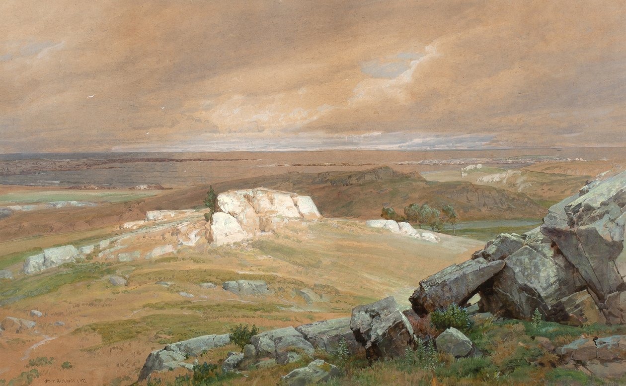 Lähellä Newportia, 1877 (wc ja guassi sinivihreällä kudospaperilla) tekijältä William Trost Richards