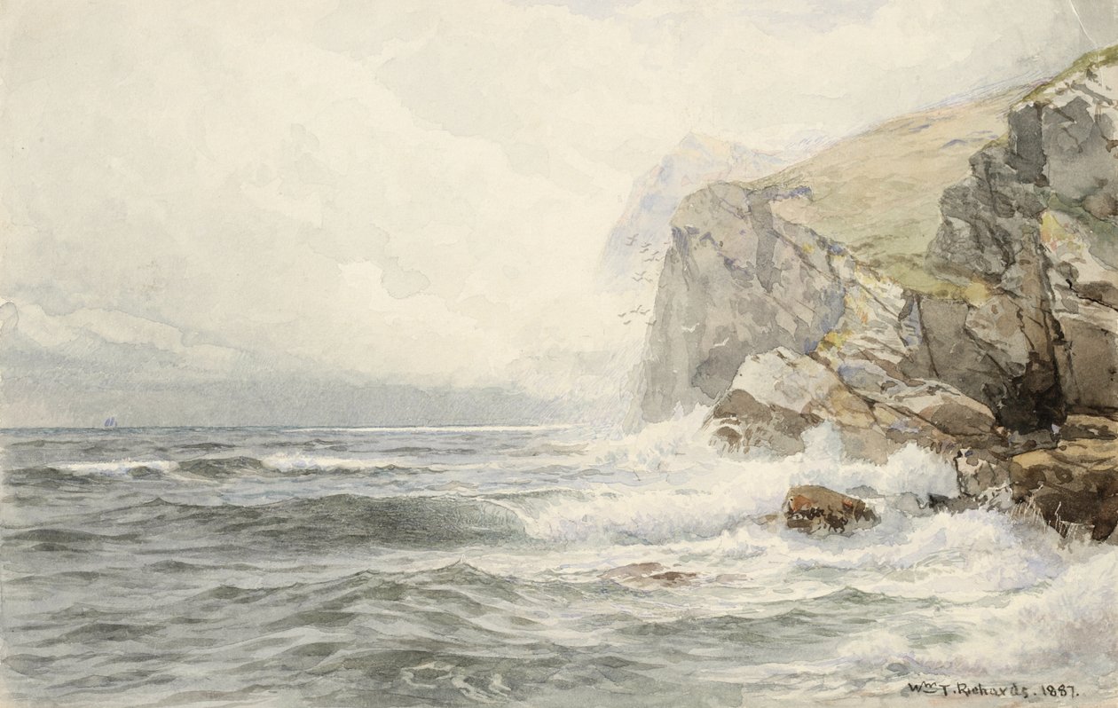 Surf Breaking on Coastal Rocks, 1887 (wc ja grafiitti kermanvärisellä paperilla) tekijältä William Trost Richards