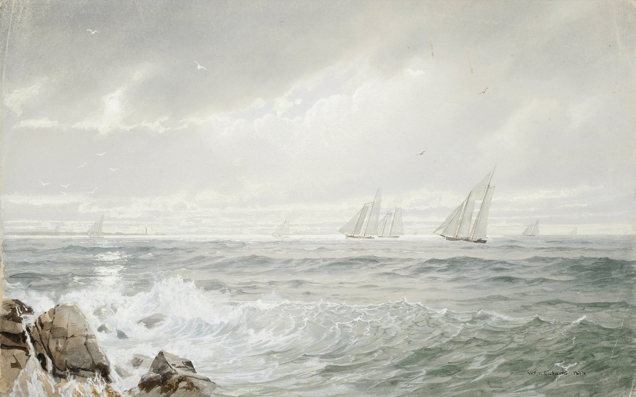 Yachts Off Newport, 1877 (wc ja guassi kiiltävällä kudospaperilla) tekijältä William Trost Richards