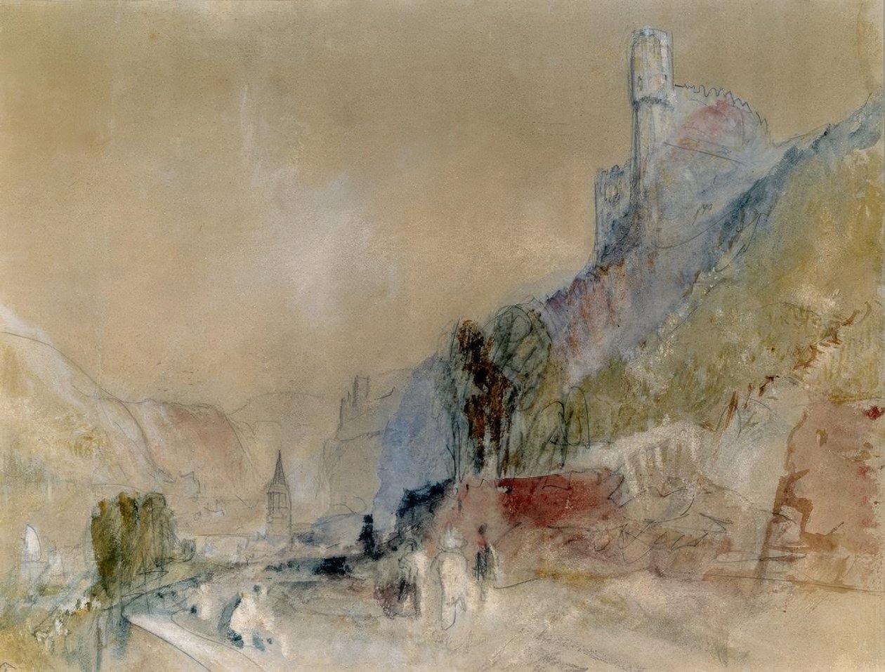 Die Clemenskapelle mit Burg Rheinstein und Burg Reichenstei tekijältä Joseph Mallord William Turner