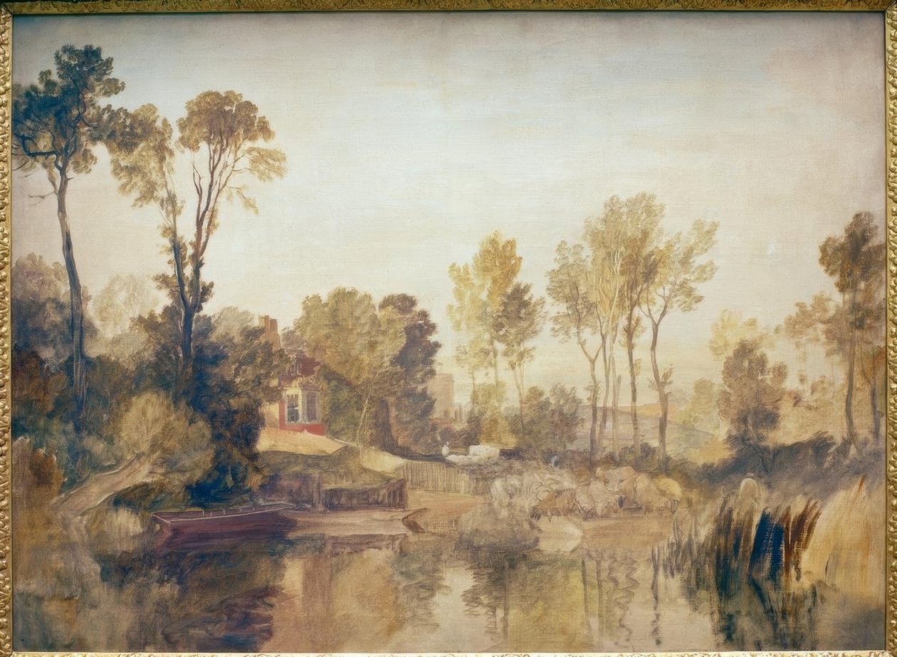 Talo joen rannalla, puita ja lampaita tekijältä Joseph Mallord William Turner