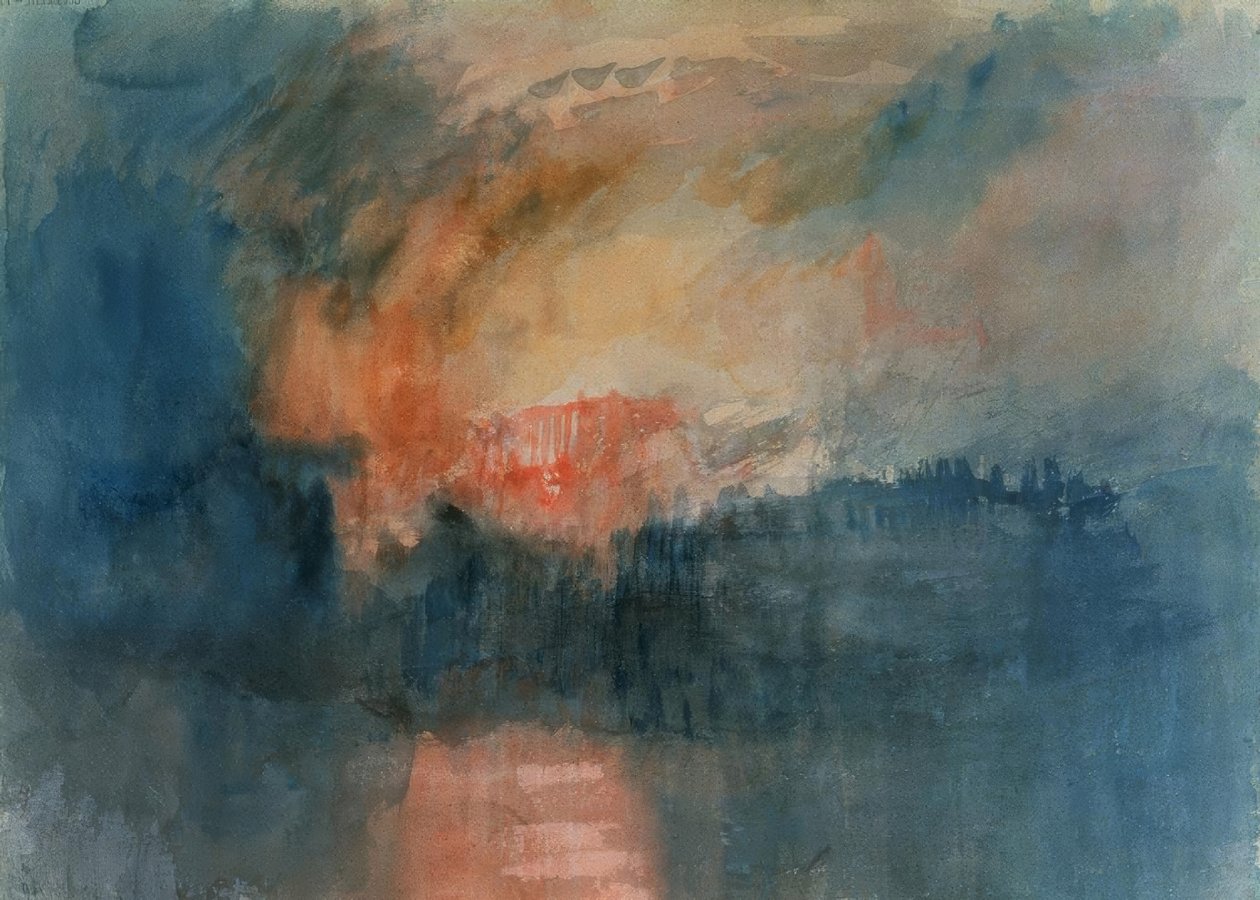 INCENDIO DE LAS CASAS DEL PARLAMENTO EL 16/10/1834 – 1835 – O / L – 23,3X32,5 – ROMANTICISMO INGLES. Käsittelijä: JOSEPH MALLORD WILLIAM TURNER. Lage: TATE GALLERY, ENGLANTI tekijältä Joseph Mallord William Turner
