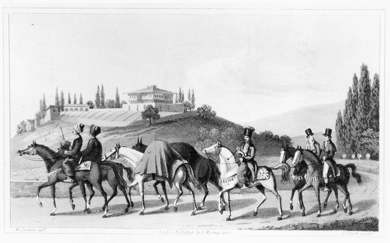 Matkailutapa Turkissa, William Turnerin "Journal of a Tour in the Levant", kaivertanut L. Clark, julkaistu 1820 tekijältä Joseph Mallord William Turner