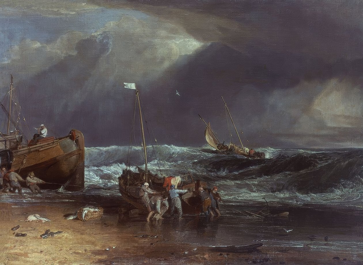 SACANDO LA BARCA EN DIA DE TORMENTA – SIGLO XIX. Käsittelijä: JOSEPH MALLORD WILLIAM TURNER. Lage: KENWOOD HOUSE / COL IVEAGH BEQUE, LONTO, ENGLAND tekijältä Joseph Mallord William Turner