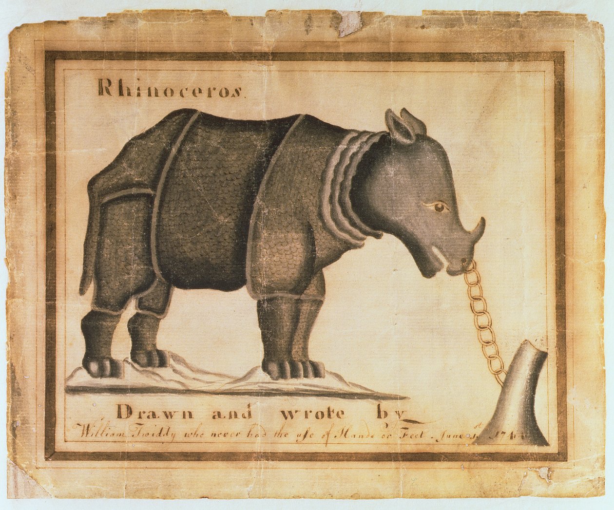 Sarvikuono, piirtänyt ja kirjoittanut William Twiddy, joka ei koskaan käyttänyt käsiä tai jalkoja, 1. kesäkuuta 1744 (wc paperilla) tekijältä William Twiddy