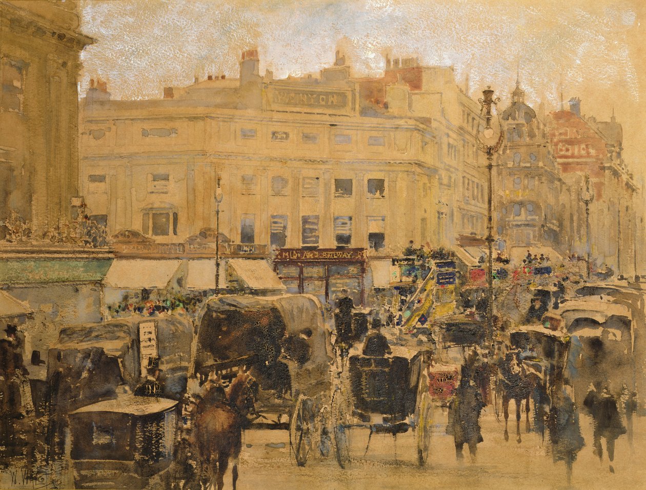 Rush Hour, Oxford Circus (wc ja sellakka kynällä sävytetyllä paperilla) tekijältä William Walcot
