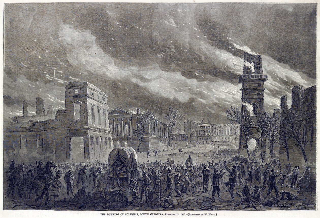 The Burning of Columbia, Etelä-Carolina, 17. helmikuuta 1865, pub. 1865 tekijältä William Waud