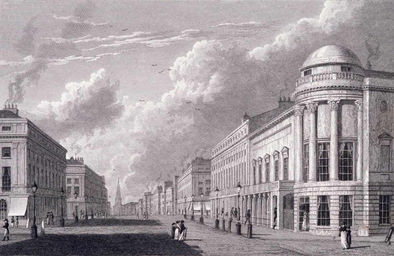 Regent Street, jossa Argyle Rooms, kaiverrus Charles Heath, 1825 tekijältä William Westall