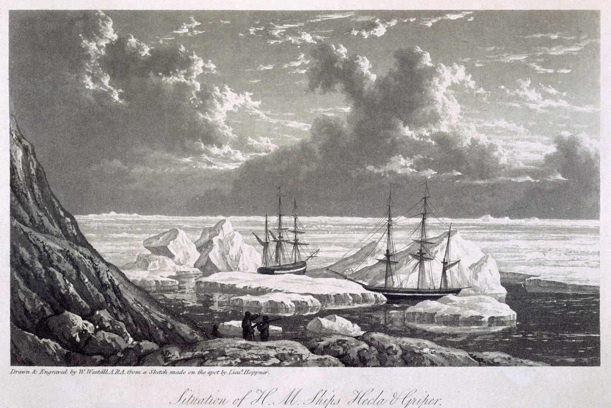 M.M. Hecla ja Griper -alusten tilanne 17.-23. elokuuta 1820, vuodelta 1820, "Journal of a Voyage for the Discovery of a North West Passage from the Atlantic to the Pacific performed in the Y tekijältä William Westall
