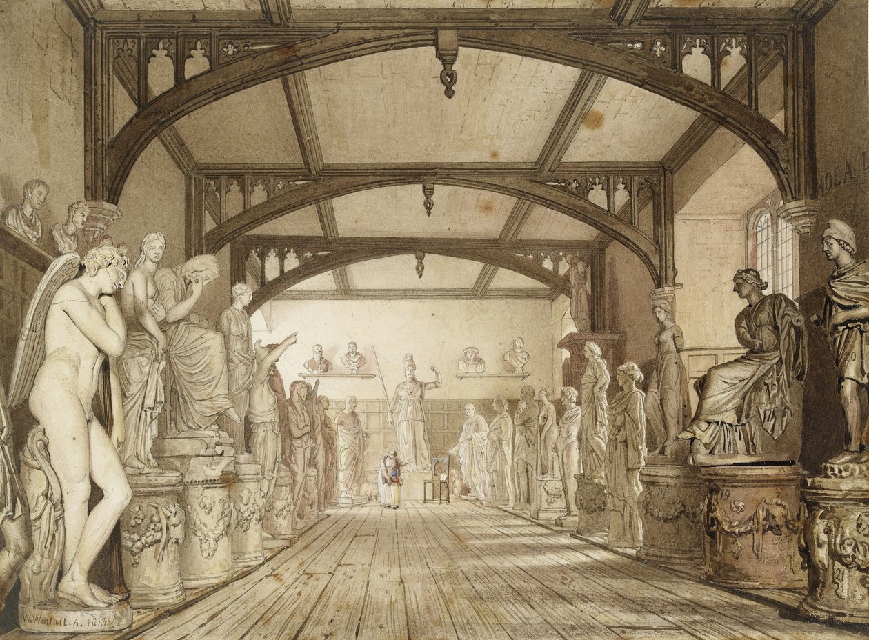 Sculpture Gallery in the Examination Schools, Oxford, 1813 (Kynä ja ruskea muste ja vesivärit grafiitin merkintöjen päällä) tekijältä William Westall