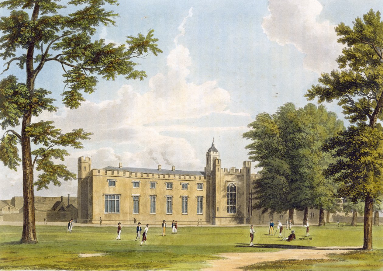 Näkymä Rugby Schoolin eteläisiin kouluihin ja asuntoloihin leikkikentältä, "History of Rugby Schoolista", osa "History of the Colleges", kaiverrettu Joseph Constantine Stadler (fl.1780-181) tekijältä William Westall