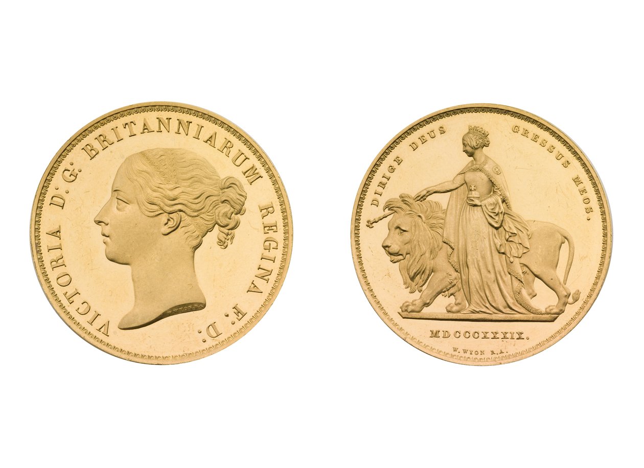 Una ja leijona -kuvio 5 € kpl, 1839 (kulta) tekijältä William Wyon