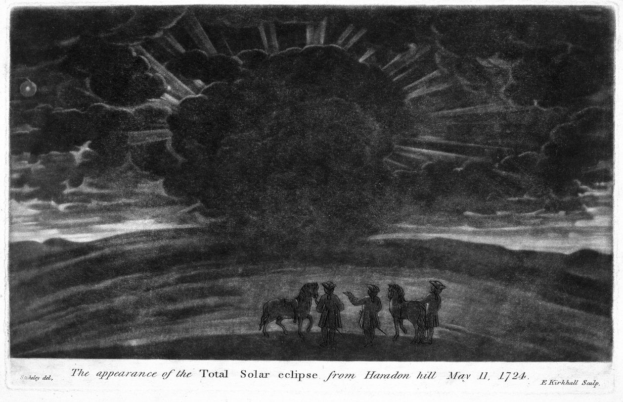 Täydellisen auringonpimennys Haradon kukkulalta, 11. toukokuuta 1724, kaiverrus E. Kirkhall (mezzotint) tekijältä William after Stukeley