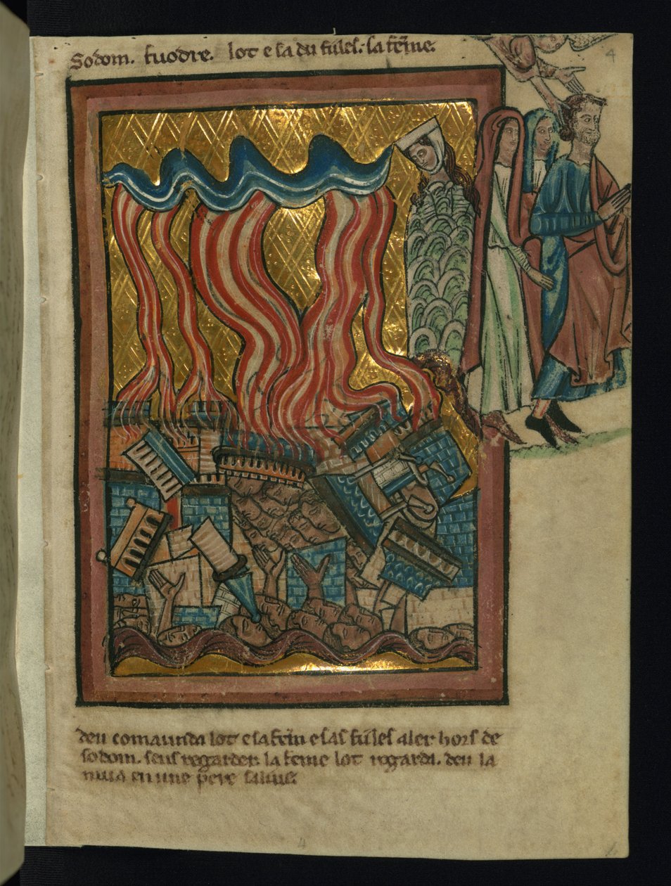 Loot ja hänen perheensä pakenevat Sodomasta (1. Moos. 19:15-26). tekijältä William de Brailes  