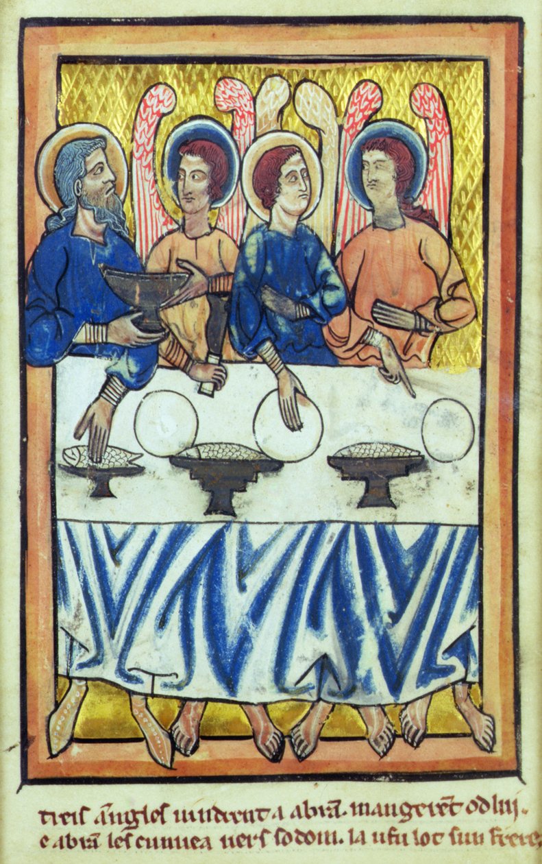 Abraham ja kolme enkeliä, Raamatun kuvien kirjasta, n. 1250 tekijältä William de Brailes  