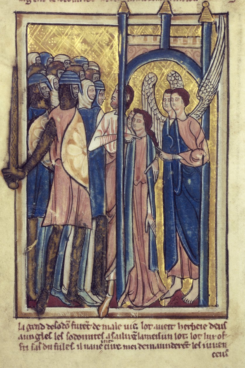 Loot tarjoaa tyttäriään Sodoman asukkaille, Raamatun kuvakirjasta, noin 1250. tekijältä William de Brailes  