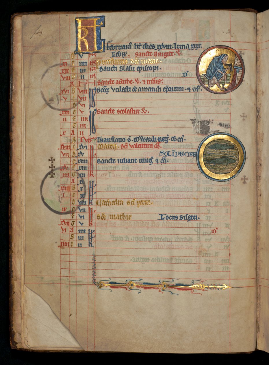 Ms 322 f.1v, helmikuu, mies riisuu kenkänsä nuotion äärellä, kuva De Brailesin psalttarista, noin 1250. tekijältä William de Brailes  