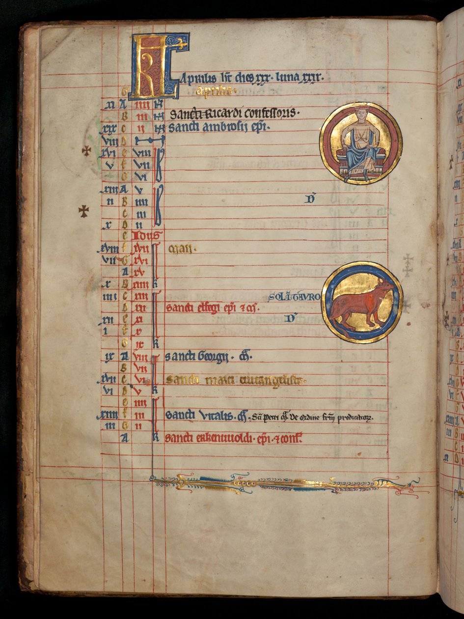 Ms 322 f.2v, April, istuva mies, jolla on kaksi kukkaa, kuva "De Brailes Psalter" -kirjasta, n. 1250 tekijältä William de Brailes  