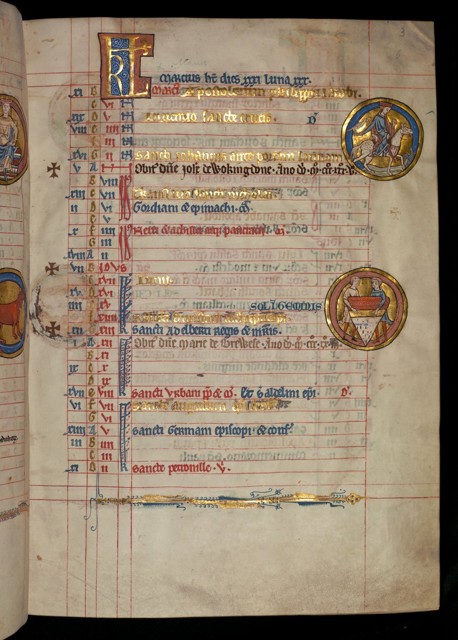 Ms 322 f.3r, May, mies haukkuu, kuva "De Brailes Psalter" -kirjasta, n. 1250 tekijältä William de Brailes  