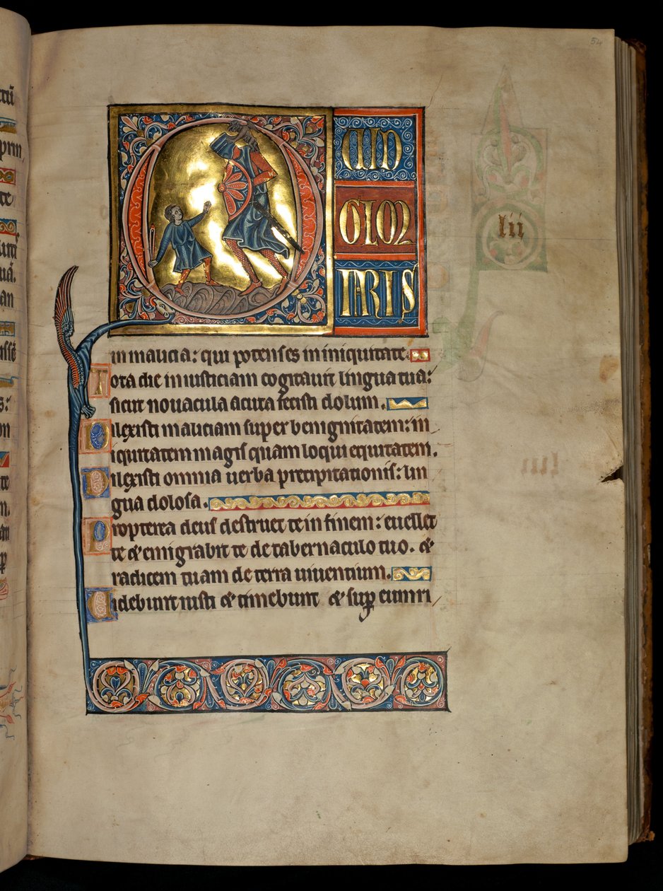 Ms 322 f.54r, Psalmi 51, alku Q, Daavid ja Goljat, kuva "De Brailes Psalter" -kirjasta, n. 1250 tekijältä William de Brailes  