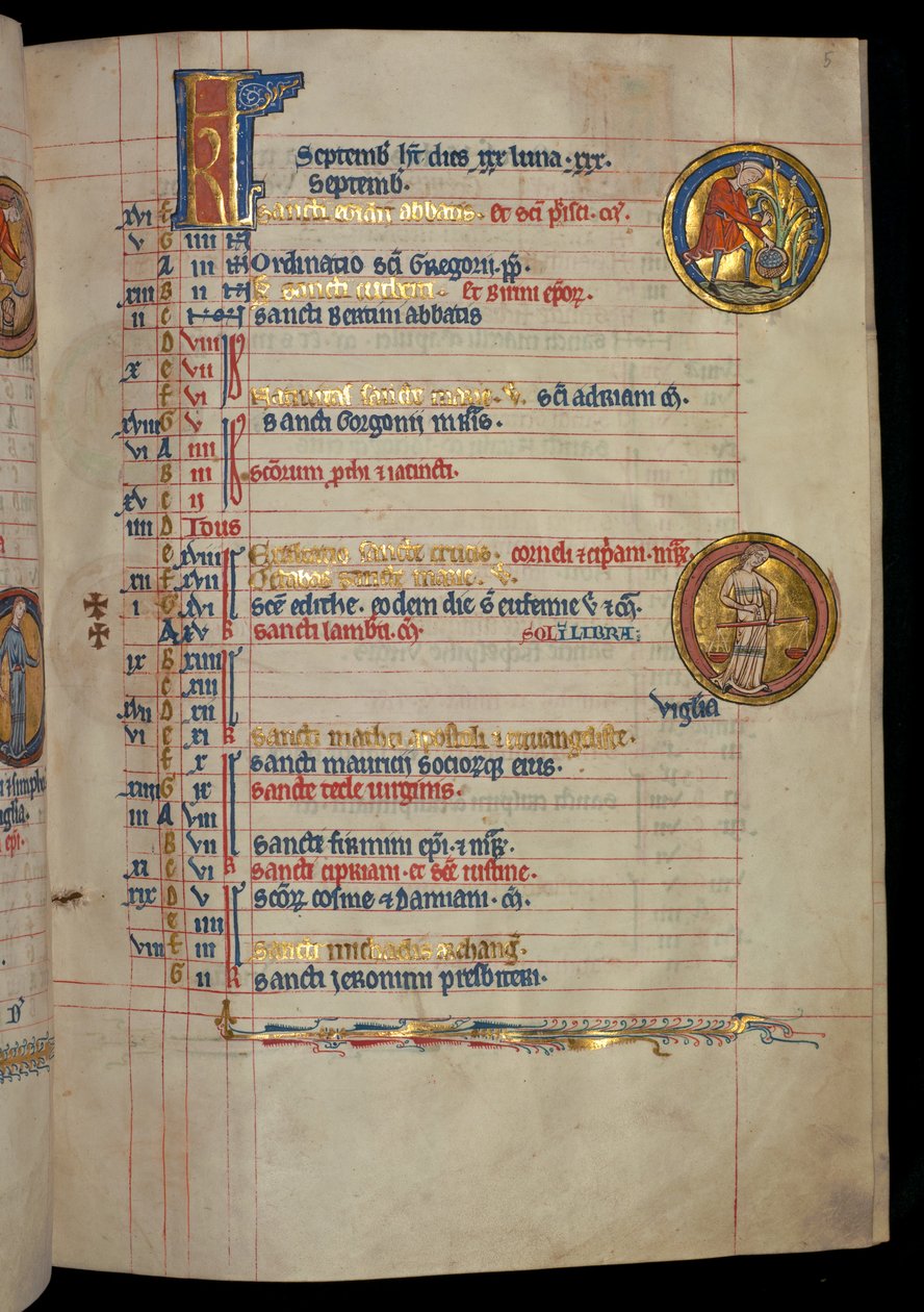 Ms 322 f.5r, syyskuu, mies poimimassa hedelmiä, kuva "De Brailes Psalter" -kirjasta, n. 1250 tekijältä William de Brailes  