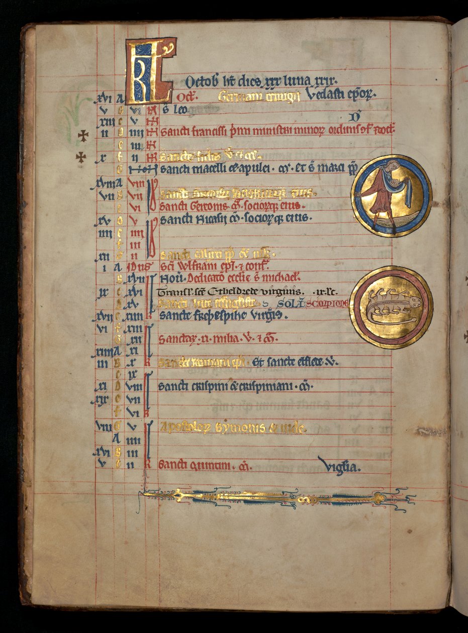 Ms 322 f.5v, lokakuu, mies kylvämässä, kuva "De Brailes Psalter" -kirjasta, n. 1250 tekijältä William de Brailes  