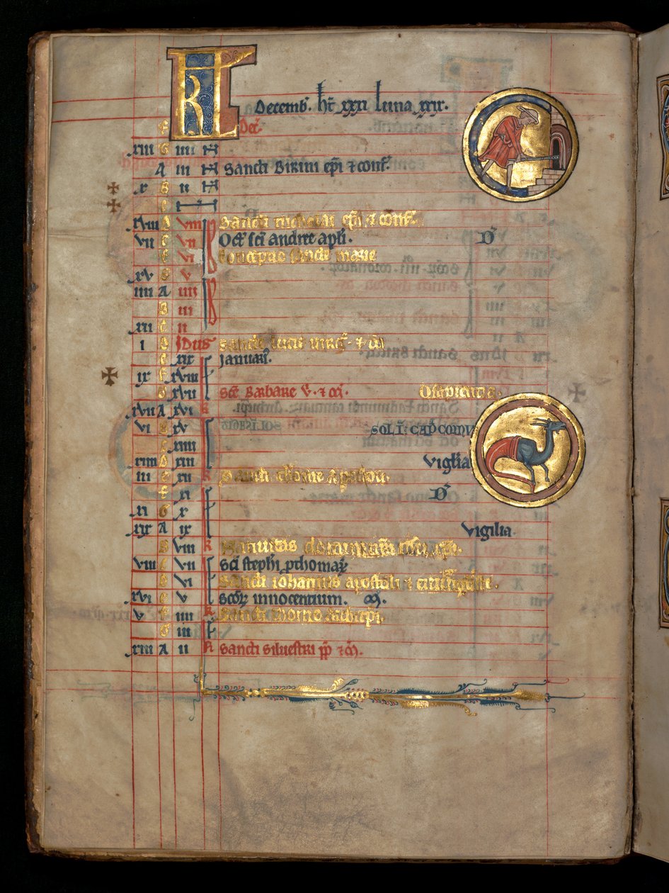 Ms 322 f.6v, joulukuu, mies laittamassa leipiä uuniin, kuva De Brailesin psalttarista, noin 1250. tekijältä William de Brailes  