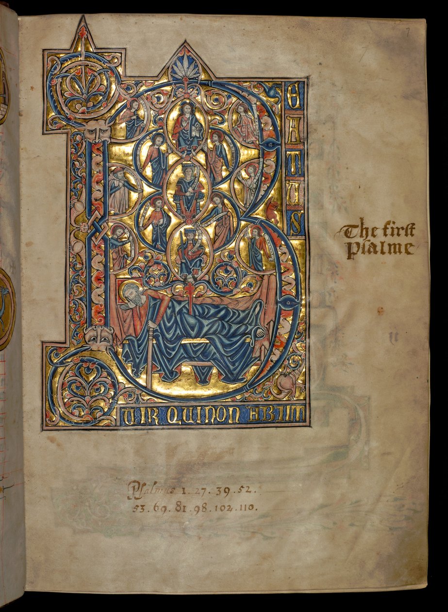 Ms 322 f.7r, psalmi 1, alkuosa B, Iisain puu, kuva De Brailen psalttarista, noin 1250. tekijältä William de Brailes  