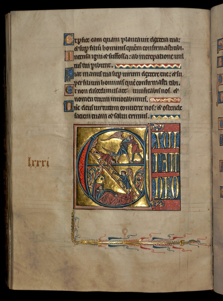 Ms 322 f.82v, Psalmi 80, alkukirjaus E, Jaakob painii enkelin kanssa, Jaakobin unelma, kuva 