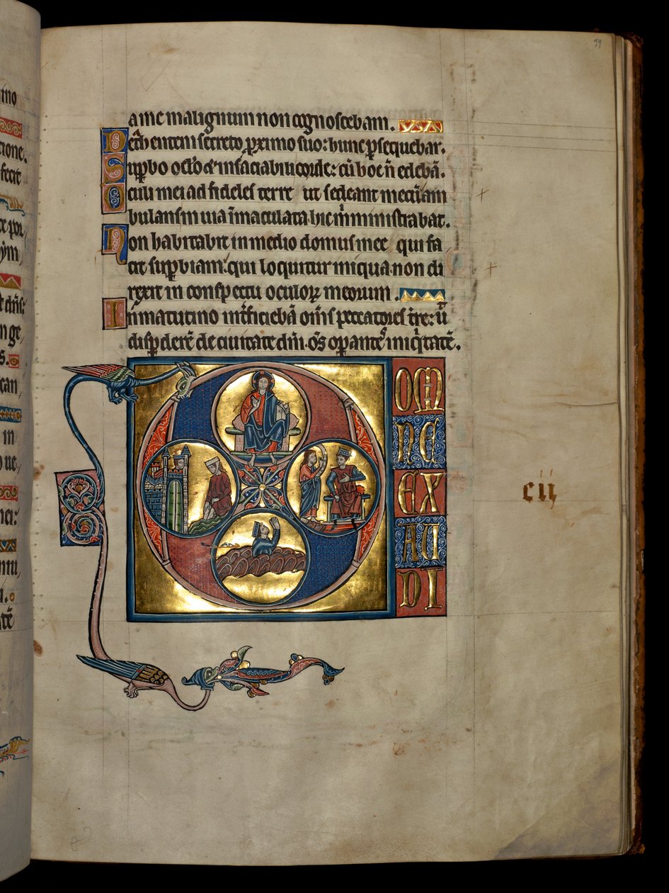 Ms 322 f.99r, Psalmi 101, alku D, Kristuksen siunaus, Daavid katselee Batsebaa, Nathan nuhtelee Daavidia ja katuvaa Daavidia rukoilemassa, kuva 