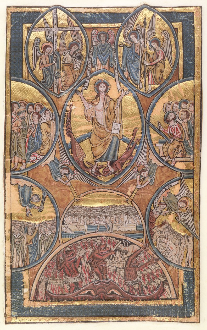 Ms 330 f.3 Viimeinen tuomio ja omakuva suojelusenkelinsä pelastamasta valaisimesta, psalterista, n. 1240 tekijältä William de Brailes  