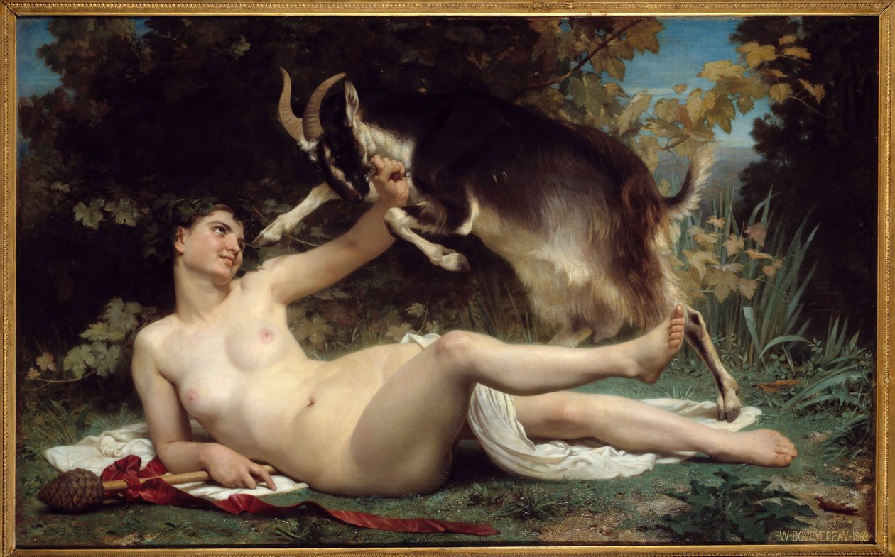 Bacchante Häntä edustaa vuohi. William Adolphe Bouguereaun (1825-1905) maalaus 1862 su. 1,15 x 1,85 m Bordeaux, Musee des Beaux Arts tekijältä William Adolphe Bouguereau