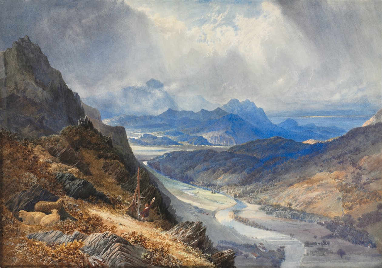 Näkymä Moel Cynwichistä: Mawddachin laakson yli ja kohti Cader Idristä, n. 1850 (akvarelli, raaputettu ja korotettu valkoisella). tekijältä William (1789 1862) Turner